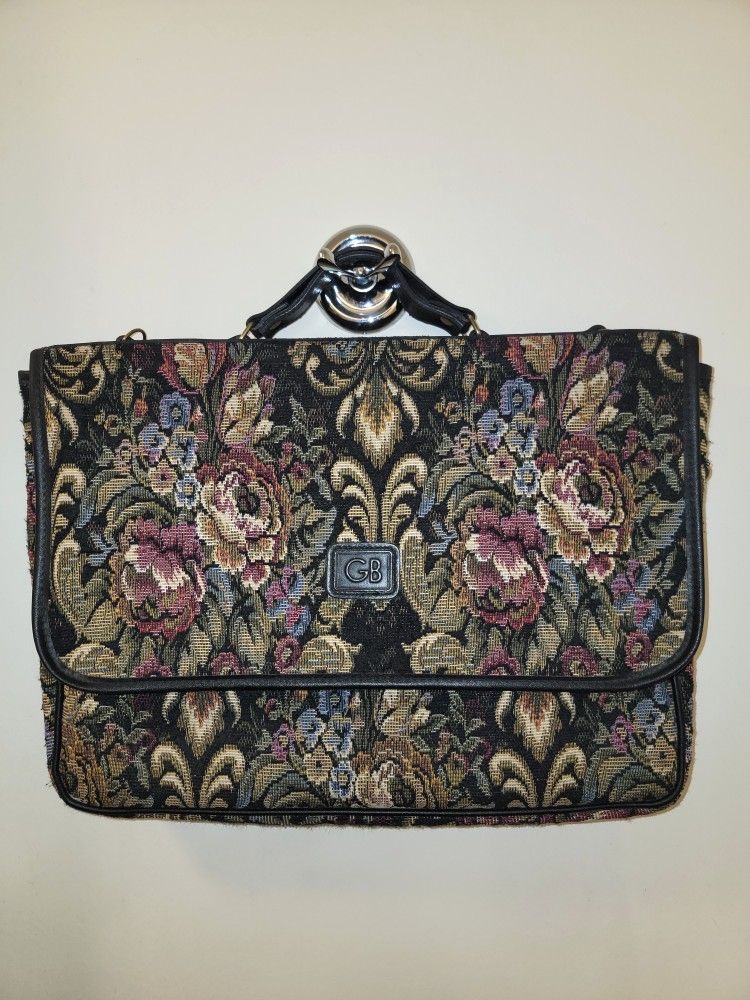 Vintage 80s Geoffrey Beene Floral Messenger Bag Genuine Leather Trim