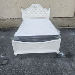 White Full Size Disney Princess Bed Frame With Brand New Full Size Plush Casper Memory Foam Mattress And Box Spring In Plastic 