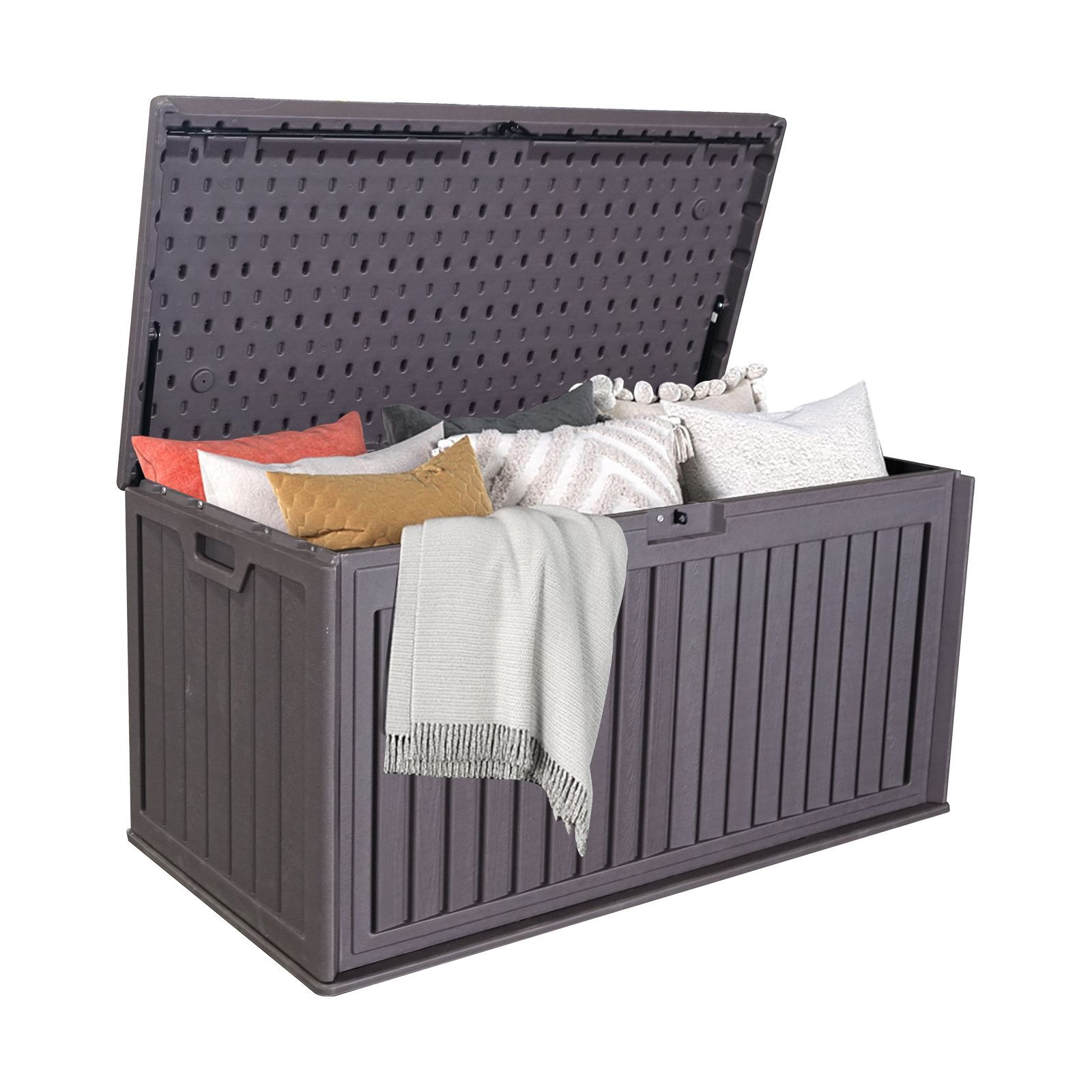 100 Gallon Resin Outdoor Deck Box Waterproof, Plastic Patio Storage Box with Side Handles, Lockable Storage Containers for Patio Furniture Cushions, P