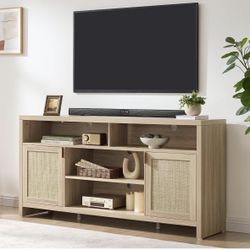 SICOTAS 63 in. Rattan TV Stand for TVs up to 65 in. – Light Oak