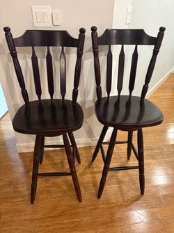 Set of 2 Dark Wood Swivel Bar Stools