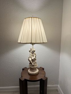 Vintage 1964 Cherub Angel Table Lamp Plaster Rococo w/ Pleated Shade
