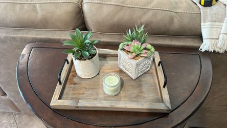 Rustic Wood Serving Tray with Black Metal Handles