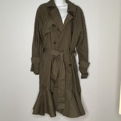 CQbyCQ Olive Green Trench Coat With Ruffled Hem Size S