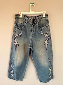 Baggy blue jeans with Lightning-like design-Zumiez