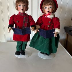Vintage Porcelain Dolls 2 Victorian Carolers  Jingle Bell Christmas JOY NOEL Boy & Girl Dolls 🎄