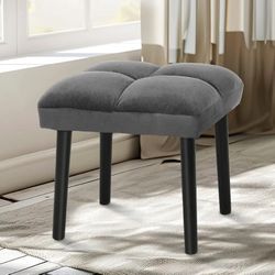 HOUCHICS Gray Vanity Stool Ottoman Stool, Square Makeup Stool with Wooden Legs, Small Ottoman Stool Chair for Vanity