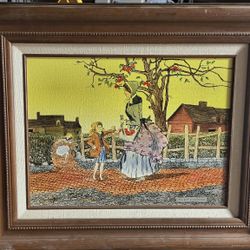 1970s MARK WOOD OIL FRAMED Print mother and daughter Picking Apples