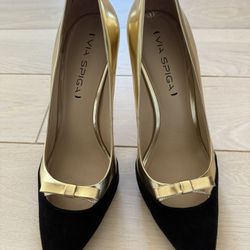 Via Spiga Women’s Golden Black/gold Bow Heels Size 8M