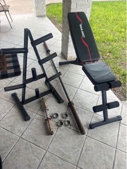 Pure Fitness Flat Weight Bench and barbells and rack