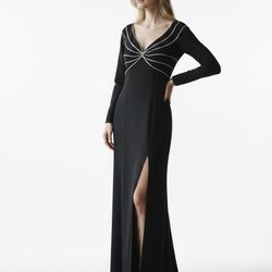 Vtg TADASHI Black Formal Evening Long Sleeve Gown front slit S