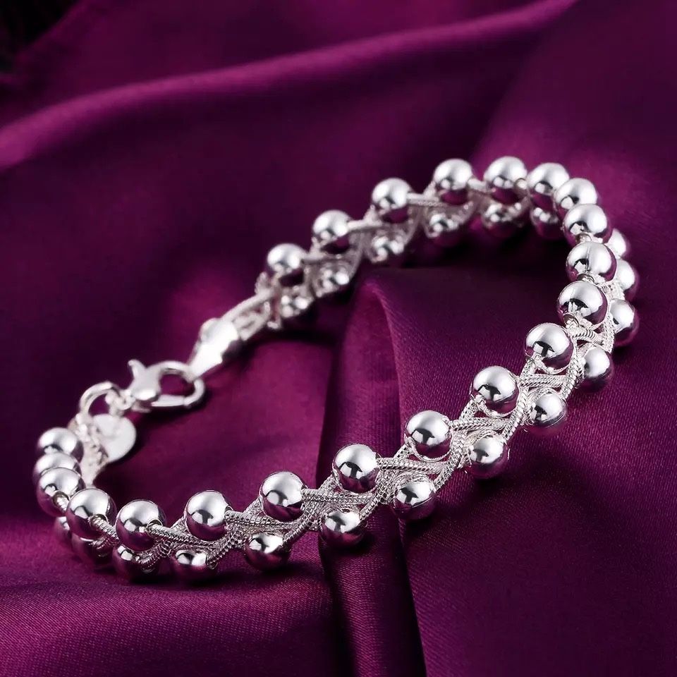 Charm 925 Sterling Silver Bracelets for Women Fine Braided beads Chain Fashion Wedding Party Christmas Gift High Quality Jewelry Metal type: sterlin