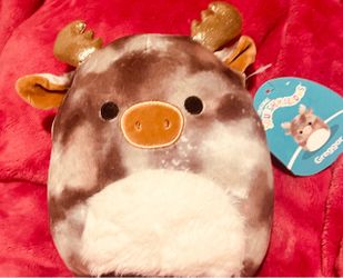 3 lot - Squishmellows sparkly moose, christmas seal, and TY rainbow unicorn leopard cat
