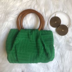 Beautiful bright green handbag/purse with brown handles and circular earrings