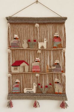 Vintage Peruvian Hand Woven Wool Wall Hanging Tapestry Andean Folk Art String Llamas Cactus 70’s 