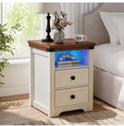 Modern Nightstand with Charging Station and LED Light