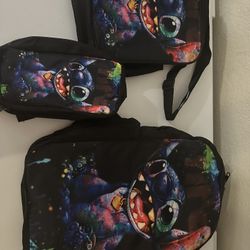 New stitch, backpack, lunchbox, and pencil case