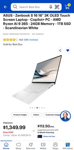 ​ASUS Zenbook S 16" 3K OLED Laptop - AMD Ryzen AI 9, 24GB RAM, 1TB SSD - White