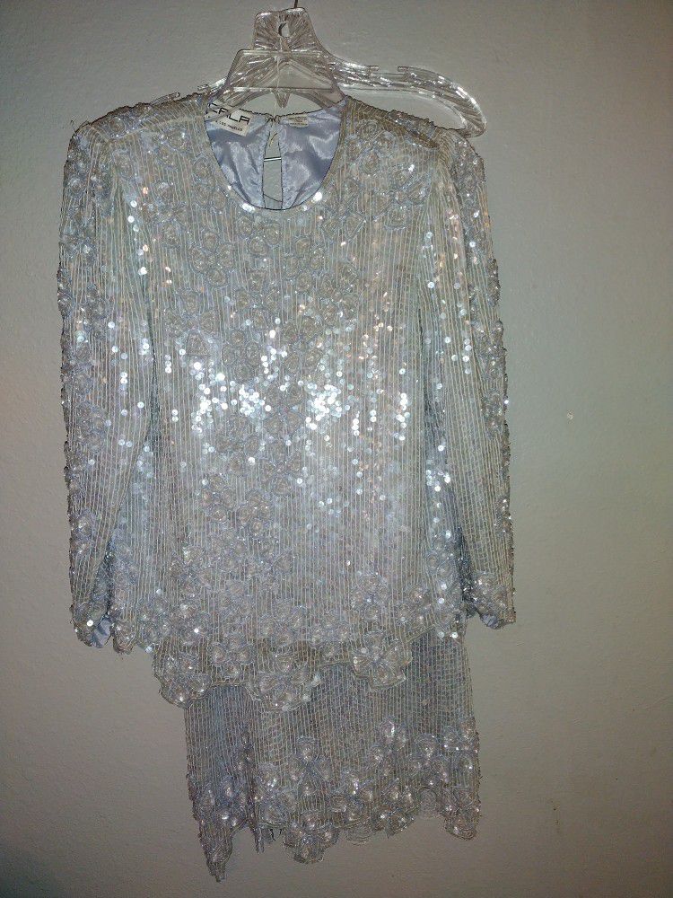 dress Scala pure silk sequin top women's size small with skirt