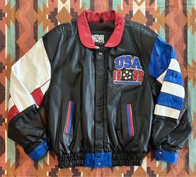 VTG USA 1998 World Cup Bomber Jacket MAZIAR Leather Gallery Made in USA Size L
