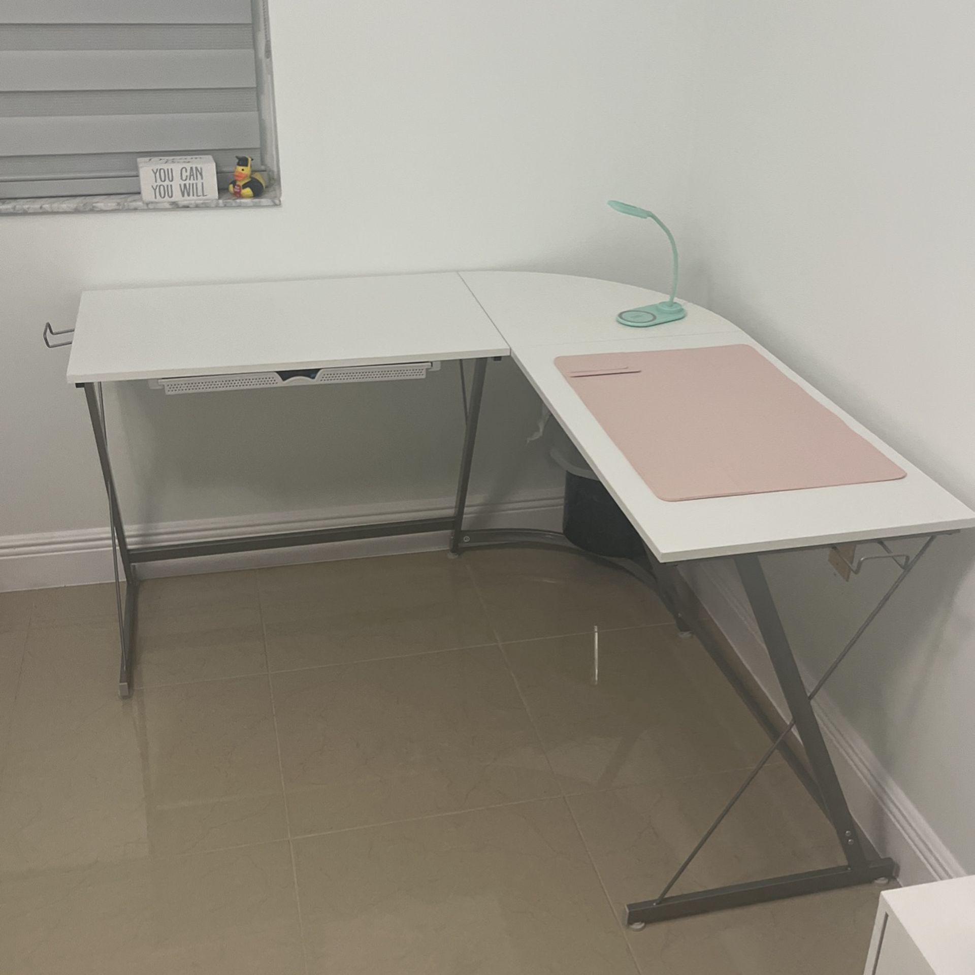 SHW Vista L-Shape Desk with Monitor Stand, White