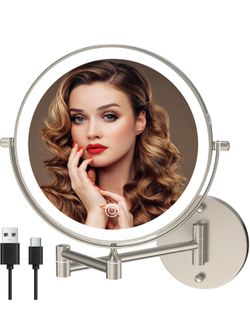 Rechargeable Wall Mounted Lighted Makeup Vanity Mirror 8 Inch Double Sided 1X 10X Magnifying Bathroom Mirror, 3 Color Lighting, Touch Screen, 360 Rota
