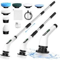 Electric Spin Scrubber, 2 Adjustable Speeds Cordless Electric Scrubber for Cleaning, Adjustable & Detachable Handle Shower Scrubber with 7 Replaceable