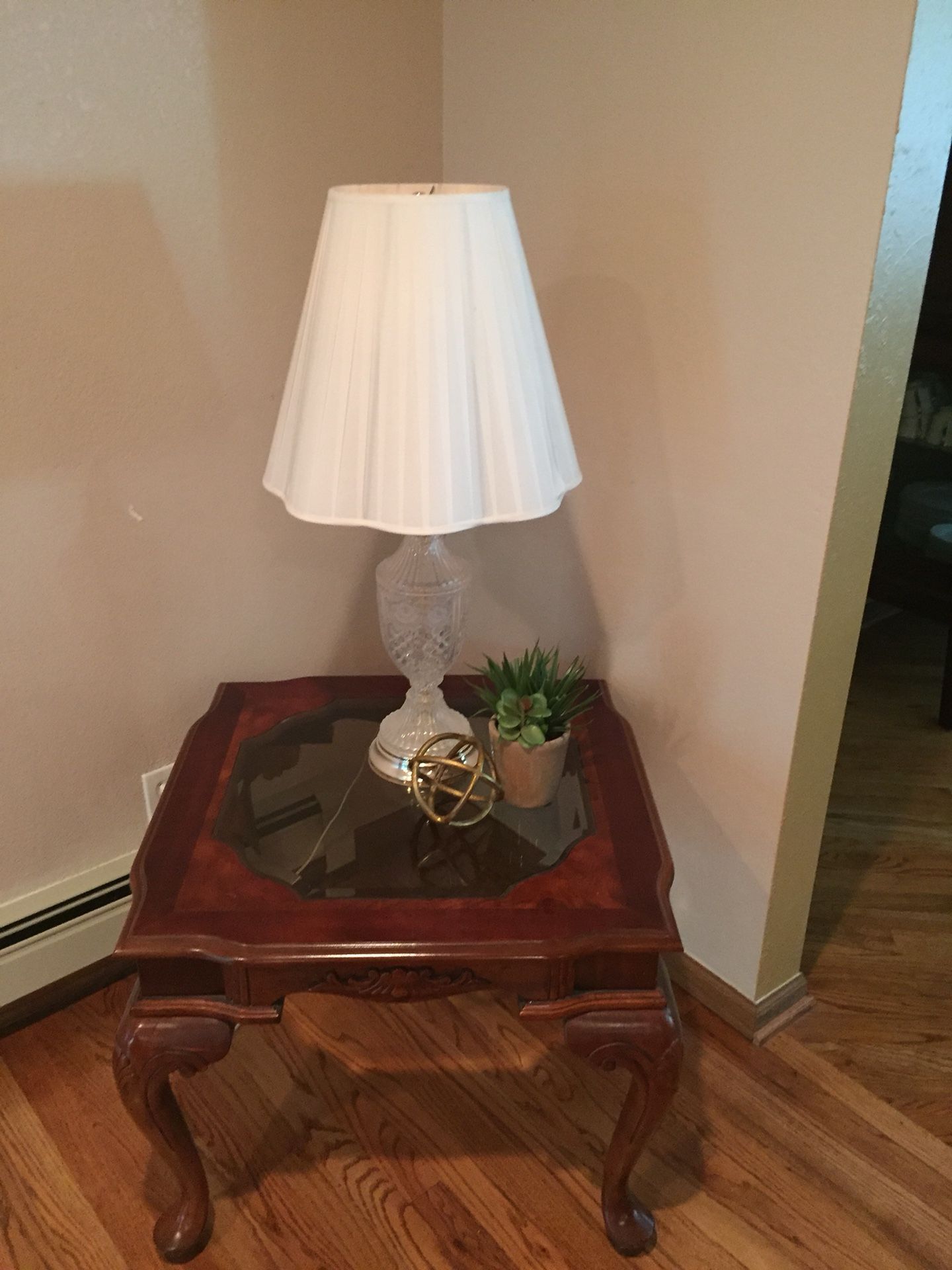 Cherrywood glass end table.