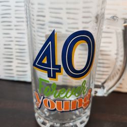 "40 Forever Young" Glass Mug Birthday Gift Stein Beer 6" Tall