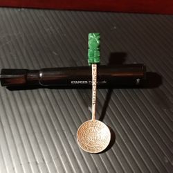 .925 Sterling Silver Carved Mayan Aztec Green Onyx Totem Spoon 
