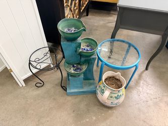 Outdoor plant stand, side table, planting pot, and waterfall fountain