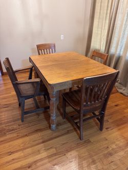 Old Solid Oak Dining Table and Various Solid Oak Chairs