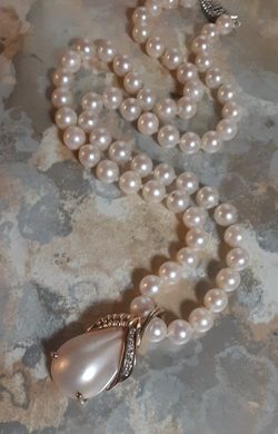 14k MABE Pearl & Diamond Pendant Enhancer On AKOYA Beaded PEARL Necklace 16"4.2g