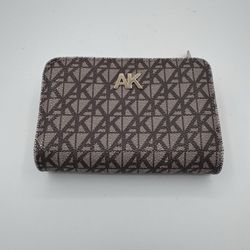 Anne Klein Flap Logo Wallet Brown Beige  Zipper Snap Credit Card Folding
