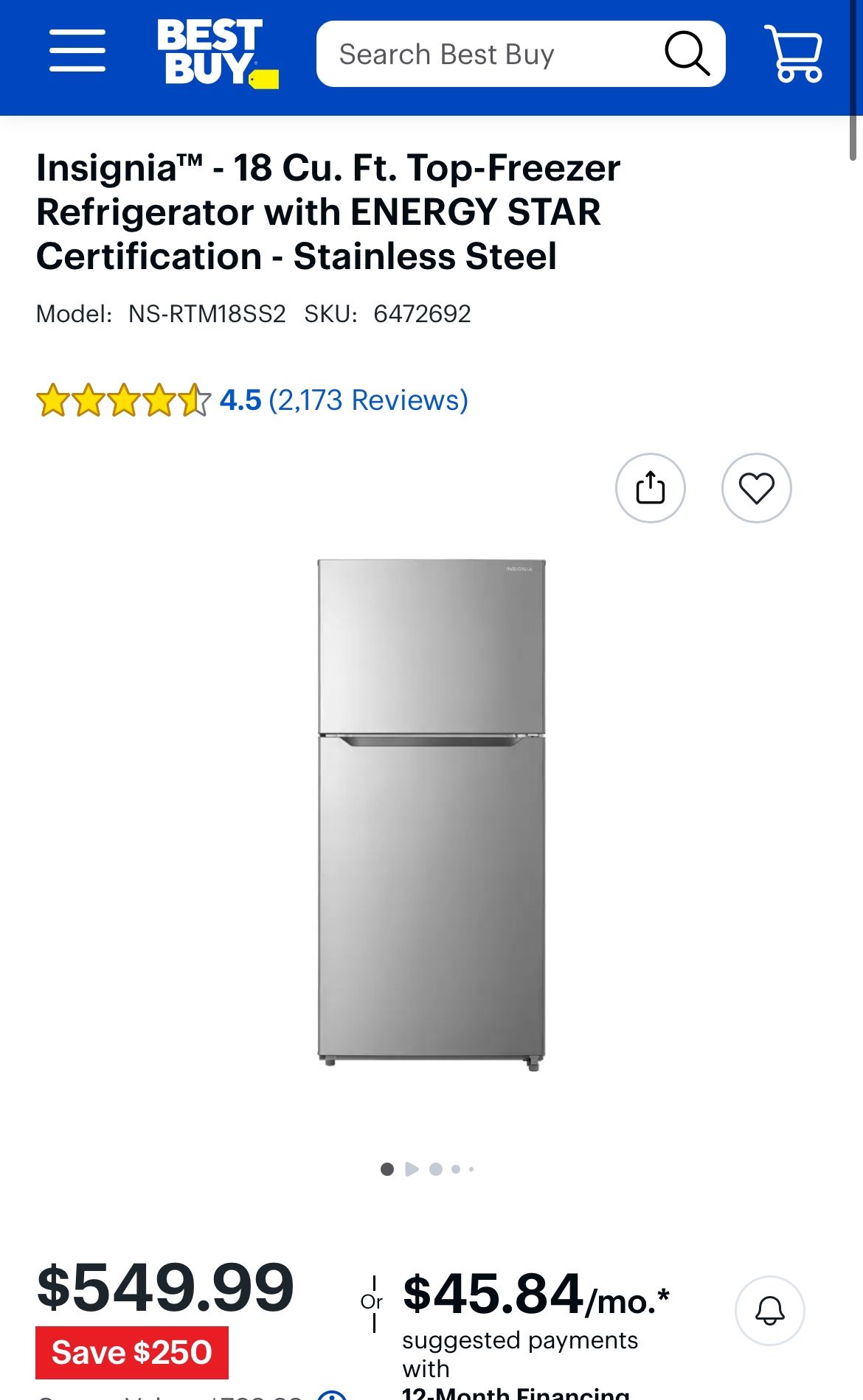 Brand New Never Used Insignia™ - 18 Cu. Ft. Top-Freezer Refrigerator with ENERGY STAR Certification - Stainless Steel