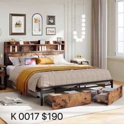 IRONCK King Size Bed Frame with Bookcase Headboard & Drawer & Charging Station,Sturdy Metal Platform Bed, No Noise, No Box Spring Needed, Vintage Brow