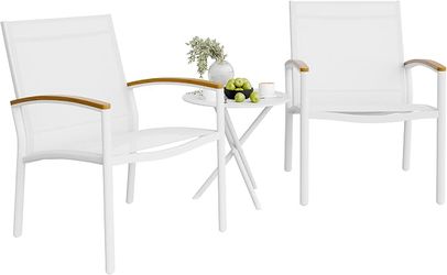 3 Pieces Patio Bistro Sets, Outdoor Textilene Fabric Conversation Bistro Set, Textilene Fabric Front Porch Chairs Small Patio Furniture Set with Table