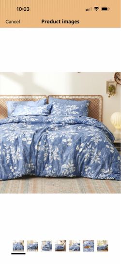 Bedsure Floral Blue Comforter Set, Queen Bedding Sets, 7 Piece Bed in a Bag, Comforters, Bedroom, Reversible, Fluffy, Whisper-Quiet, All-Season, Polye