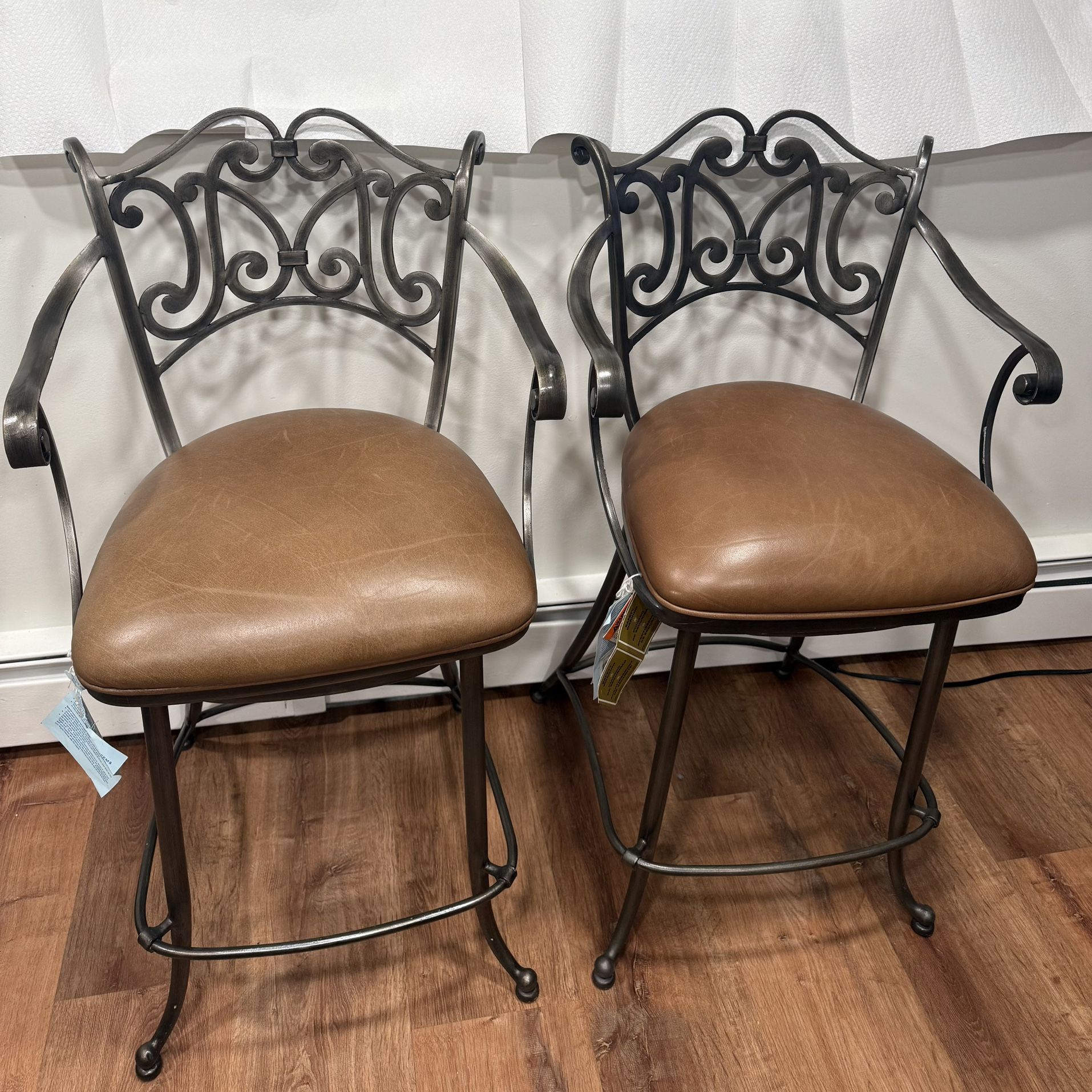 Set of 2 Ethan Allen Swivel Stools Pewter steel with camel leather