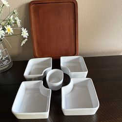 6piece Appetizer serveware w/wood tray 12"x9.5" in excellent new condition