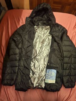 Men's Black Heated Puffer Jacket with Zippered Hood and battery pack.