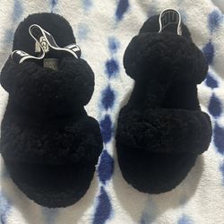 UGG Women's Oh Fluffita Black Fuzzy Slingback Sandals Size 7 Casual