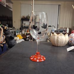 Hand-painted Mickey Mouse 9" Wine Glass Featuring Mickey Mouse E as r Silhouettes On The Bowl & Red Base W/Polka Dots - Collectible