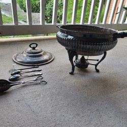Vintage Silver-Plated Chafing Dish Set with Burner & Utensils