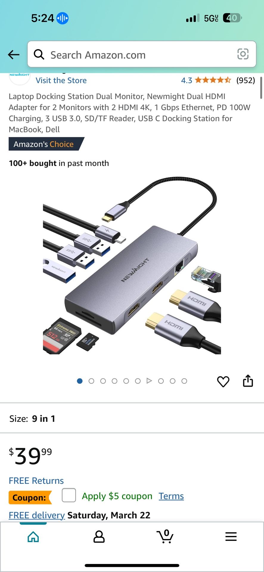 Laptop Docking Station Dual Monitor, Newmight Dual HDMI Adapter for 2 Monitors with 2 HDMI 4K, 1 Gbps Ethernet, PD 100W Charging, 3 USB 3.0, SD/TF Rea