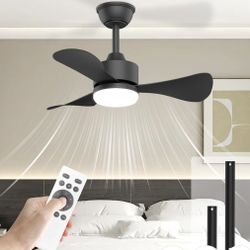 Hisummer 28 Inch Black Ceiling Fan with Light and Remote, Small Modern Reversible 6-Speed Fan for Bedroom, Kitchen, Patio, Indoor/Outdoor (Black-Downr