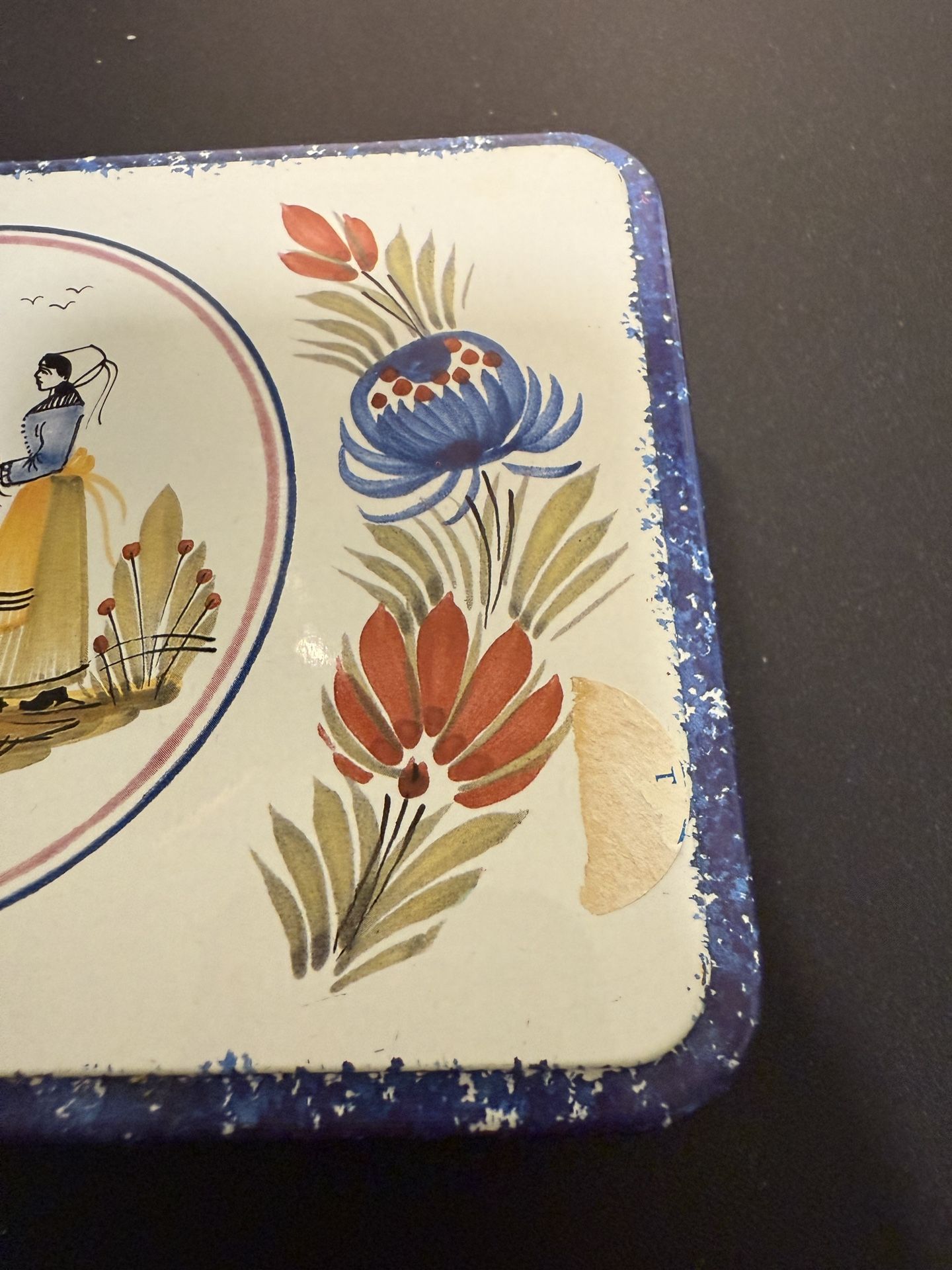 Massilly France Vintage 1960s Tin Box Container Henriot Quimper, 7x5x3”