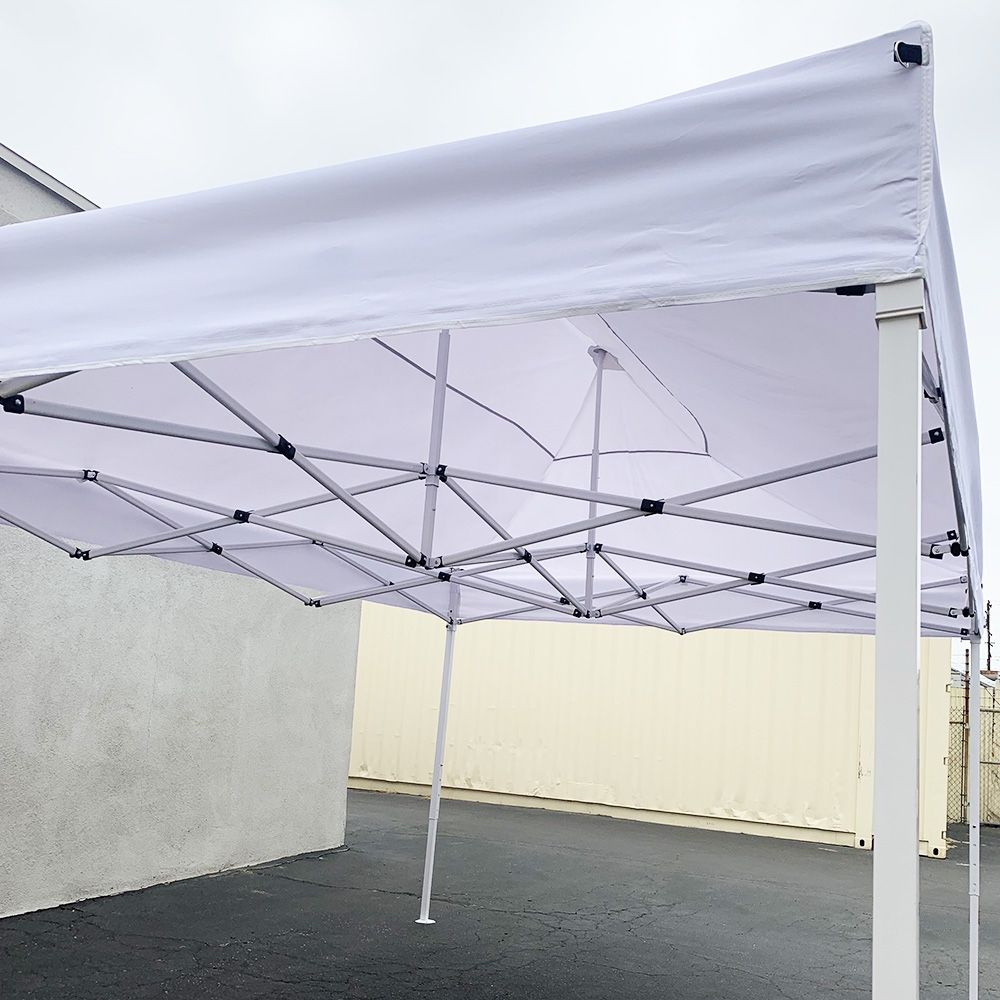 New In Box $155 Heavy-Duty 10x15 ft Popup Canopy Tent Instant Shade with Carry Bag, White/Blue