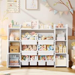 C70 $95  Toy Storage Organizer with 8 Toy Bins, Toy Organizer Toy Bin for Kids Stuffed Animal Storage Organizer, Playroom Storage and Toy Chest, White