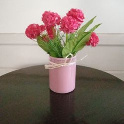 Pink Flower Arrangement/ Artificial/ Pink Plastic Vase/9 Inches High